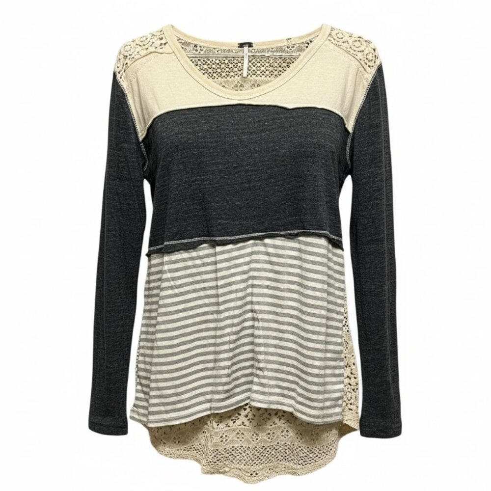 Poof! Boho Colorblock Striped Tunic Top with Lace Accents – Size Medium